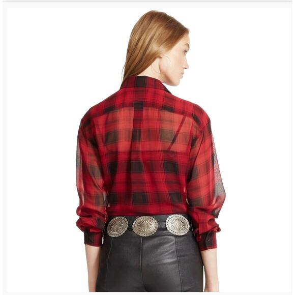 Polo Ralph Lauren Women’s 10 Red Black Buffalo Plaid Silk Sheer Blouse Holiday - Picture 2 of 6